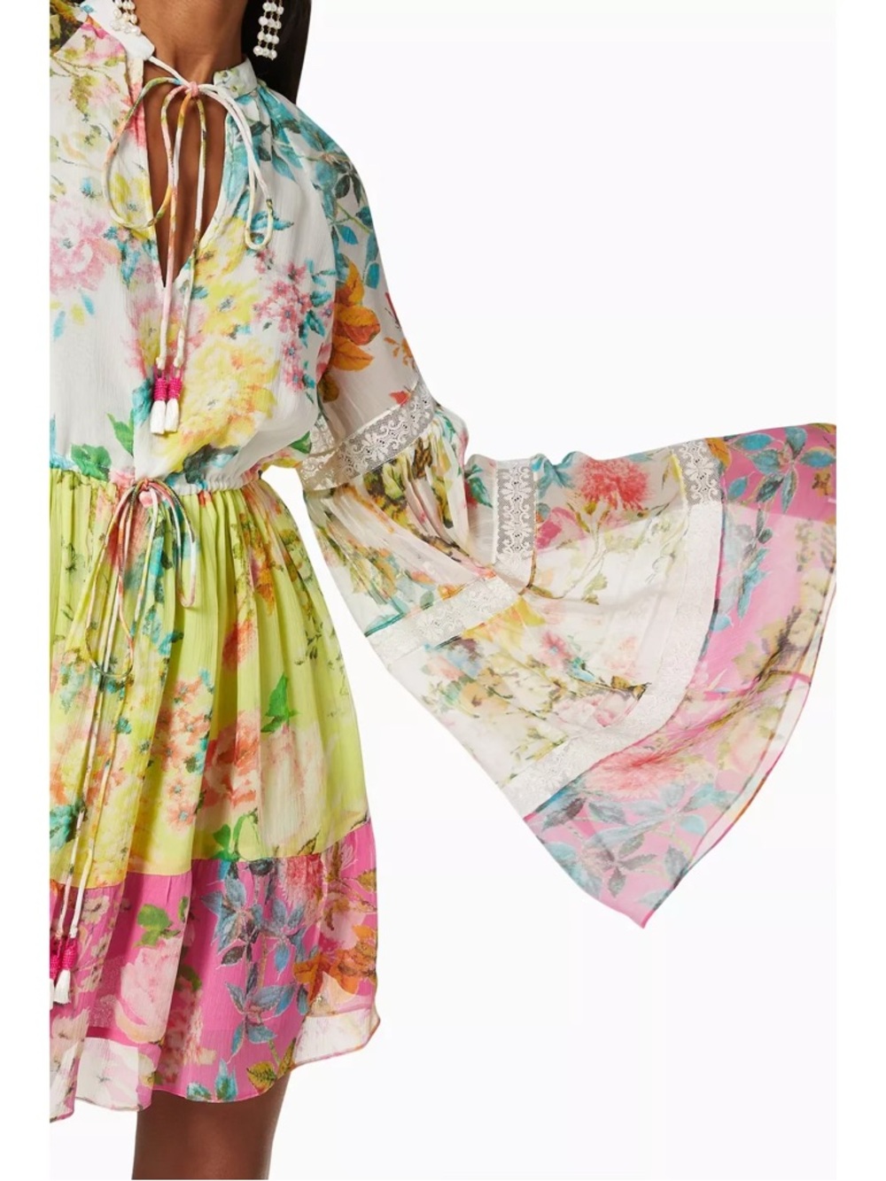 Hemant & Nandita Jolie Floral Tunic Mini Dress Lace Trim Bell Sleeve - XS - Picture 2 of 10